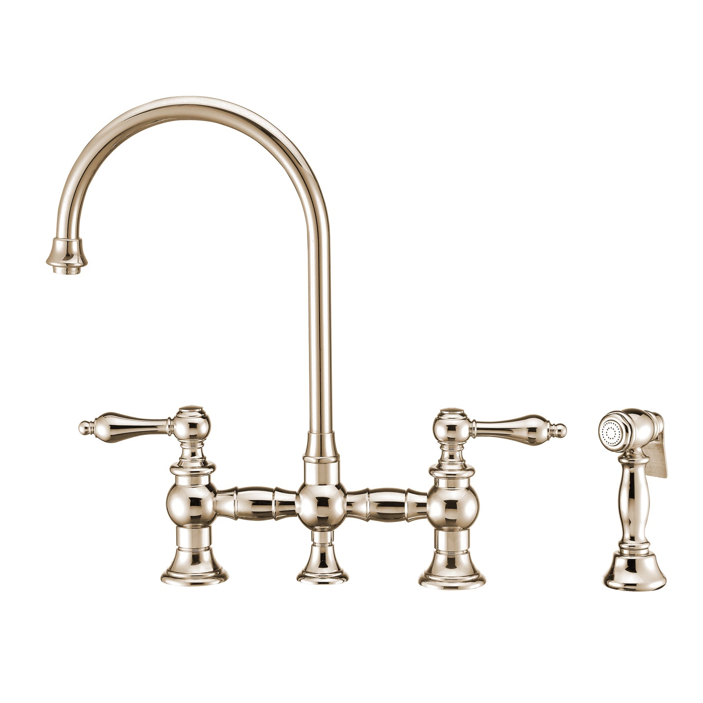 Whitehaus Vintage III Plus Polished Nickel Brass Bridge Faucet With Long Gooseneck Swivel Spout, Lever Handles and Solid Brass Side Spray