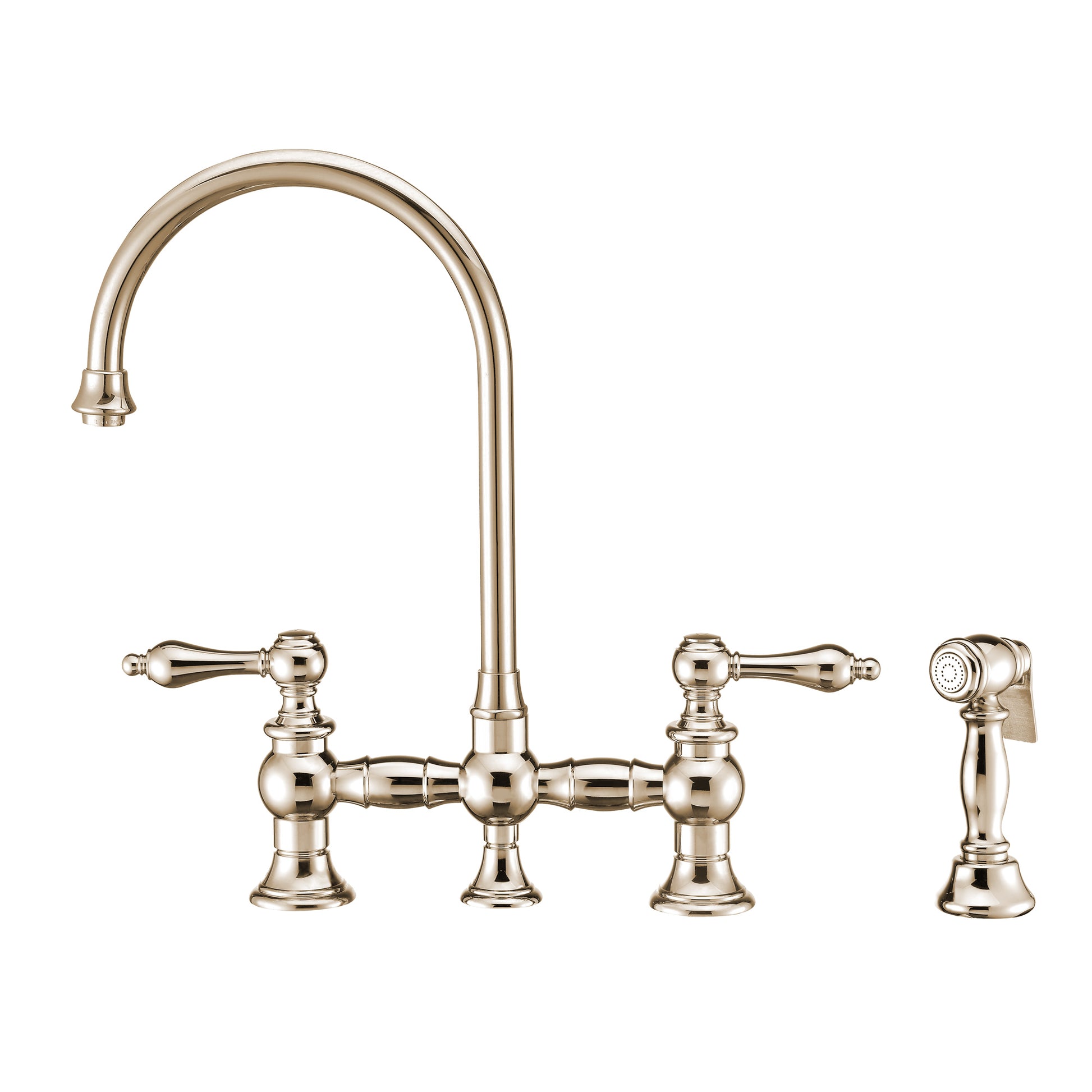 Whitehaus Vintage III Plus Polished Nickel Brass Bridge Faucet With Long Gooseneck Swivel Spout, Lever Handles and Solid Brass Side Spray