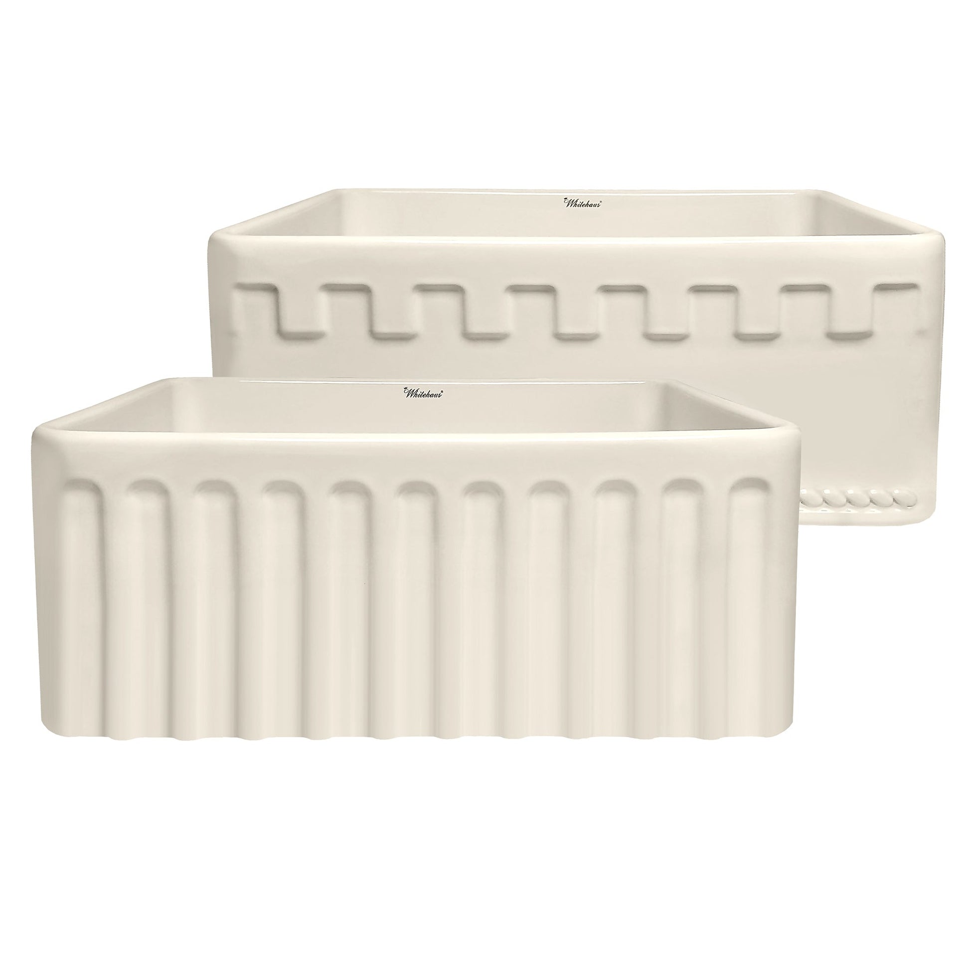 Whitehaus WHFLATN2418-BISCUIT Farmhaus Fireclay Reversible Sink with a Castlehaus Design Front Apron on One Side and Fluted Front Apron on the Opposite Side