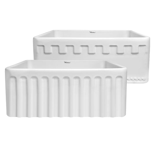 Whitehaus WHFLATN2418-WHITE Farmhaus Fireclay Reversible Sink with a Castlehaus Design Front Apron on One Side and Fluted Front Apron on the Opposite Side