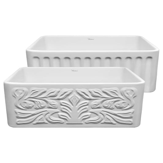 Whitehaus WHFLGO3018-WHITE Farmhaus Fireclay Reversible Sink with a Concave Front Apron on One Side and Fluted Front Apron on the Other