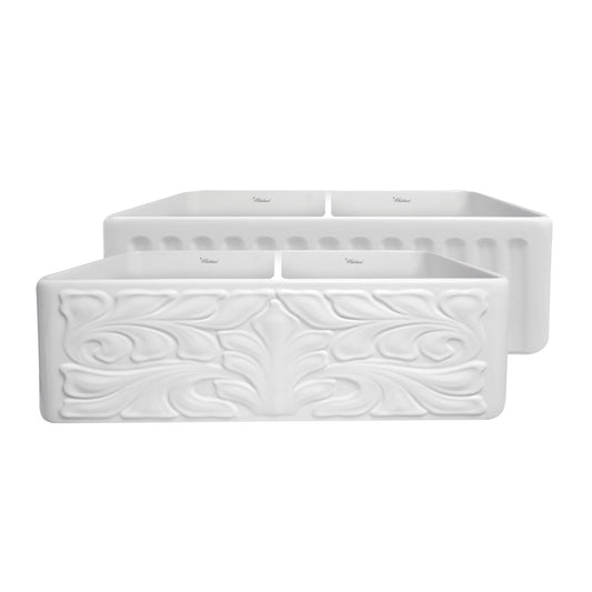 Whitehaus WHFLGO3318-WHITE Farmhaus Fireclay Reversible Double Bowl Sink with a Gothichaus Swirl Design Front Apron on One Side, and a Fluted Front Apron on the Opposite Side.