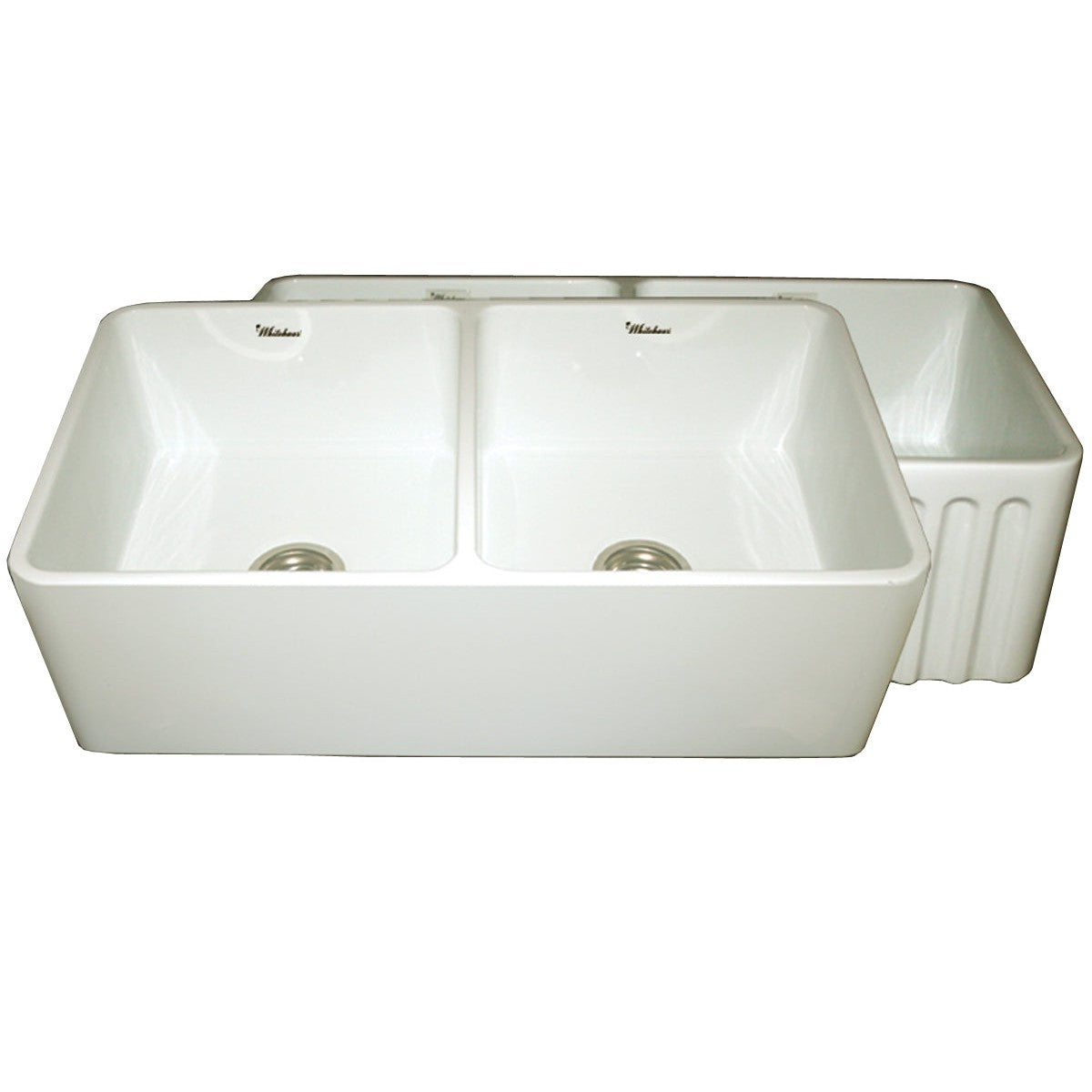 Whitehaus WHFLPLN3318-BISCUIT Farmhaus Fireclay Reversible Double Bowl Kitchen Sink with Smooth Front Apron on One Side