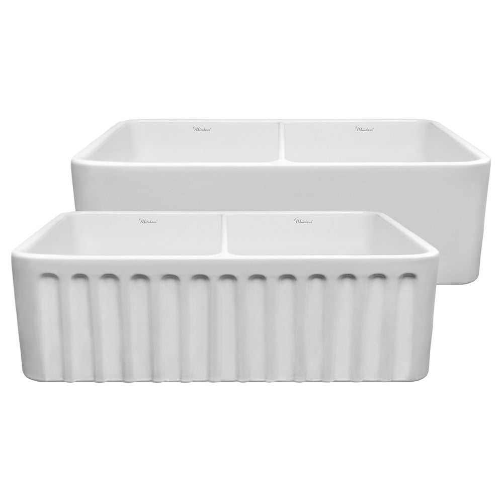 Whitehaus WHFLPLN3318-WHITE Farmhaus Fireclay Reversible Double Bowl Kitchen Sink with Smooth Front Apron on One Side