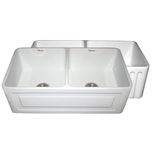 Whitehaus WHFLRPL3318 Farmhaus Fireclay Reversible Double Bowl Sink with a Raised Panel Front Apron on One Side