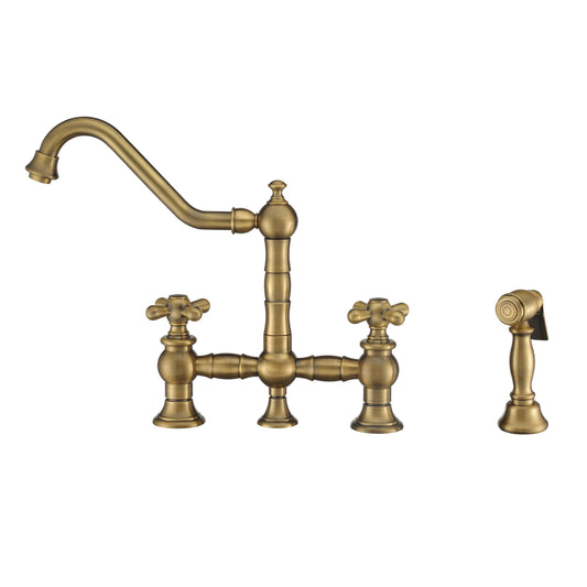 Whitehaus WHKBTCR3-9201-NT-AB Vintage III Plus Bridge Faucet with Long Traditional Swivel Spout, Cross Handles and Solid Brass Side Spray