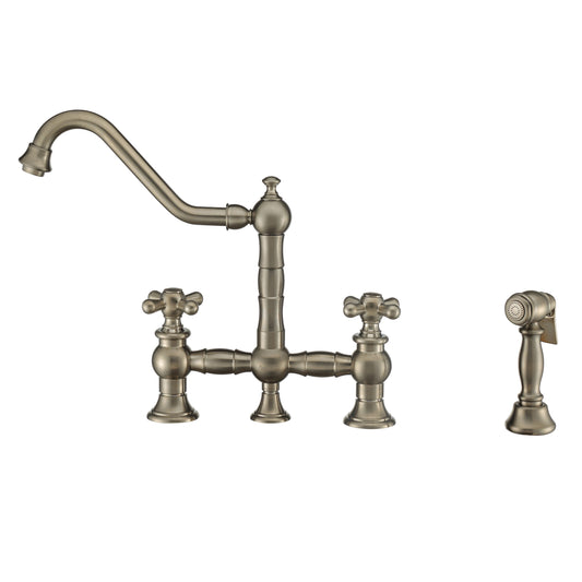 Whitehaus WHKBTCR3-9201-NT-BN Vintage III Plus Bridge Faucet with Long Traditional Swivel Spout, Cross Handles and Solid Brass Side Spray