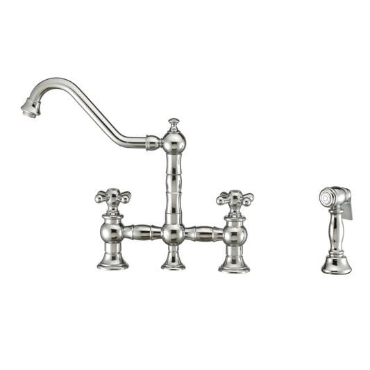 Whitehaus WHKBTCR3-9201-NT-C Vintage III Plus Bridge Faucet with Long Traditional Swivel Spout, Cross Handles and Solid Brass Side Spray