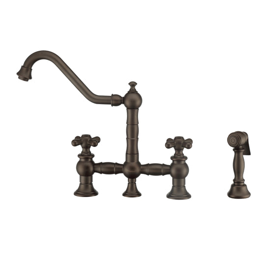Whitehaus WHKBTCR3-9201-NT-ORB Vintage III Plus Bridge Faucet with Long Traditional Swivel Spout, Cross Handles and Solid Brass Side Spray