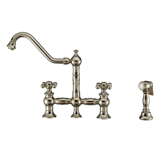 Whitehaus WHKBTCR3-9201-NT-PN Vintage III Plus Bridge Faucet with Long Traditional Swivel Spout, Cross Handles and Solid Brass Side Spray