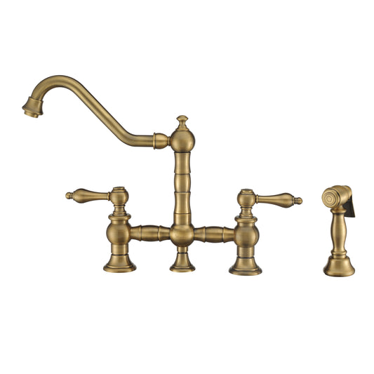 Whitehaus WHKBTLV3-9201-NT-AB Vintage III Vintage III Plus Bridge Faucet with Long Traditional Swivel Spout, Lever Handles and Solid Brass Side Spray