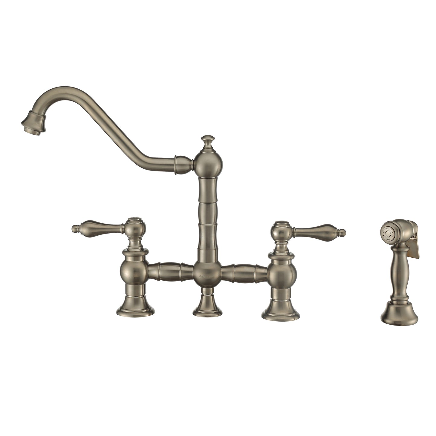 Whitehaus WHKBTLV3-9201-NT-BN Vintage III Vintage III Plus Bridge Faucet with Long Traditional Swivel Spout, Lever Handles and Solid Brass Side Spray