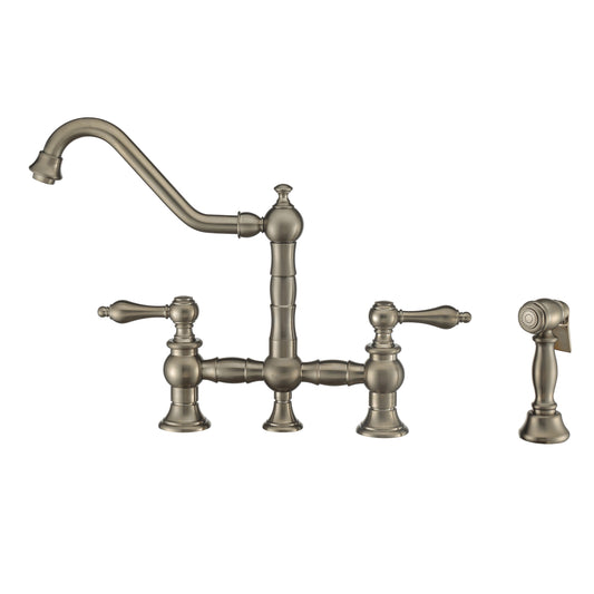 Whitehaus WHKBTLV3-9201-NT-BN Vintage III Vintage III Plus Bridge Faucet with Long Traditional Swivel Spout, Lever Handles and Solid Brass Side Spray