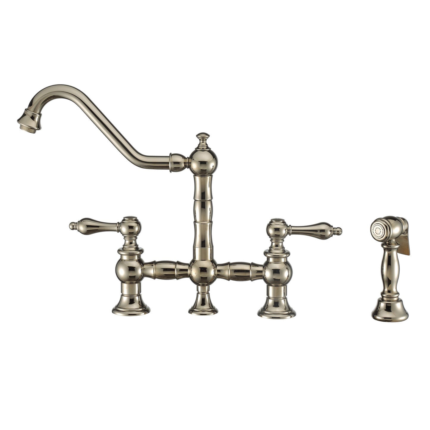 Whitehaus WHKBTLV3-9201-NT-PN Vintage III Plus Bridge Faucet with Long Traditional Swivel Spout, Lever Handles and Solid Brass Side Spray