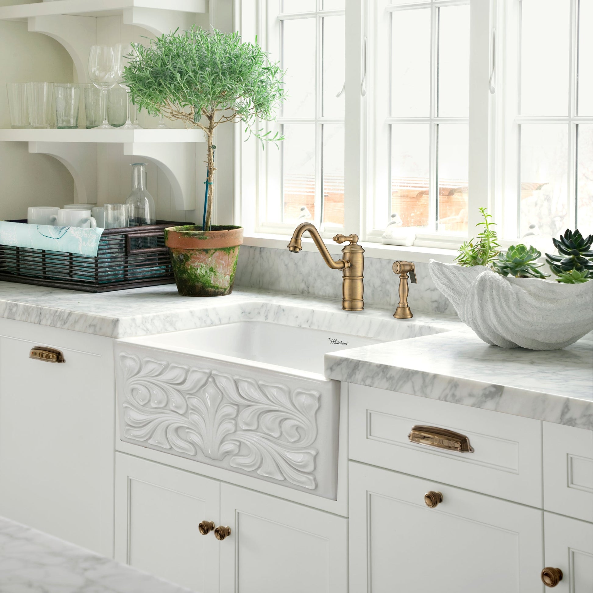 Whitehaus WHKTSL3-2200-NT-AB Vintage III Plus single lever faucet with traditional swivel spout and solid brass side spray