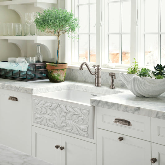 Whitehaus WHKTSL3-2200-NT-BN Vintage III Plus single lever faucet with traditional swivel spout and solid brass side spray