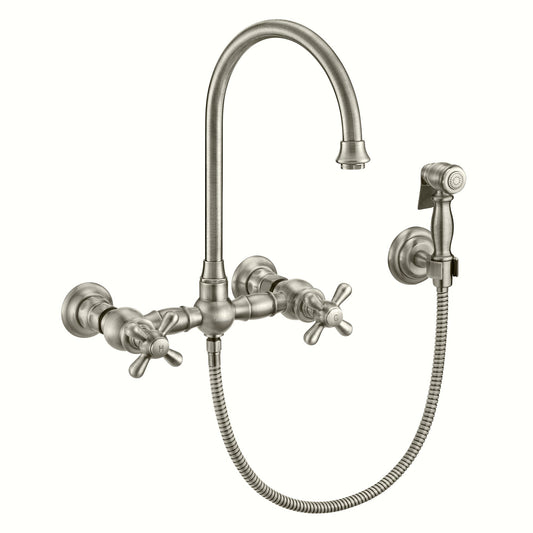 Whitehaus WHKWCR3-9301-NT-BN Vintage III Plus single lever faucet with traditional swivel spout and solid brass side spray