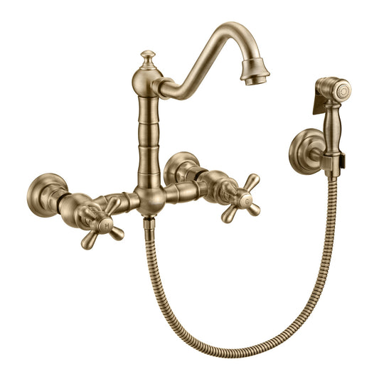 Whitehaus WHKWCR3-9402-NT-AB Vintage III Plus Wall Mount Faucet with a Long Traditional Swivel Spout, Cross Handles and Solid Brass Side Spray