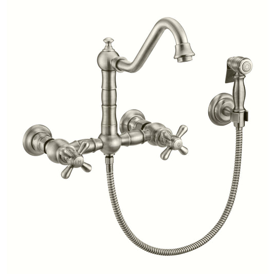 Whitehaus WHKWCR3-9402-NT-BN Vintage III Plus Wall Mount Faucet with a Long Traditional Swivel Spout, Cross Handles and Solid Brass Side Spray