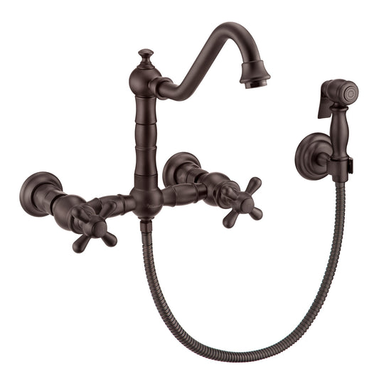 Whitehaus WHKWCR3-9402-NT-ORB Vintage III Plus Wall Mount Faucet with a Long Traditional Swivel Spout, Cross Handles and Solid Brass Side Spray