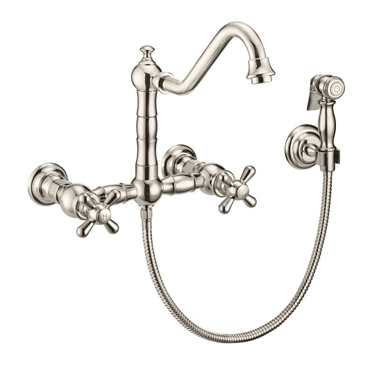 Whitehaus WHKWCR3-9402-NT-PN Vintage III Plus Wall Mount Faucet with a Long Traditional Swivel Spout, Cross Handles and Solid Brass Side Spray