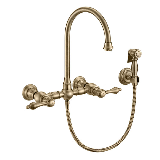 Whitehaus WHKWLV3-9301-NT-AB Vintage III Plus Wall Mount Faucet with a Long Gooseneck Swivel Spout, Lever Handles and Solid Brass Side Spray
