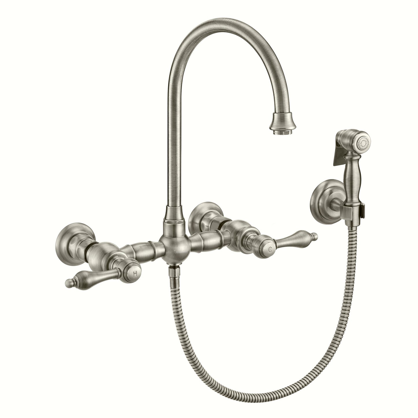 Whitehaus WHKWLV3-9301-NT-BN Vintage III Plus Wall Mount Faucet with a Long Gooseneck Swivel Spout, Lever Handles and Solid Brass Side Spray