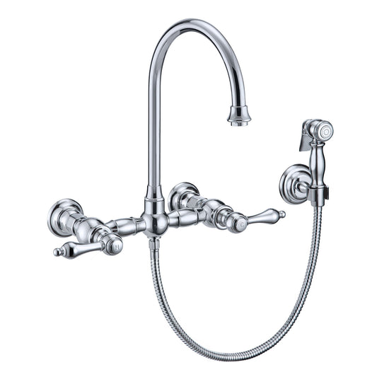 Whitehaus WHKWLV3-9301-NT-C Vintage III Plus Wall Mount Faucet with a Long Gooseneck Swivel Spout, Lever Handles and Solid Brass Side Spray