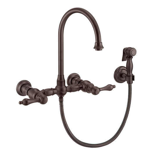 Whitehaus WHKWLV3-9301-NT-ORB Vintage III Plus Wall Mount Faucet with a Long Gooseneck Swivel Spout, Lever Handles and Solid Brass Side Spray