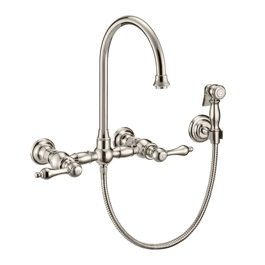 Whitehaus WHKWLV3-9301-NT-PN Vintage III Plus Wall Mount Faucet with a Long Gooseneck Swivel Spout, Lever Handles and Solid Brass Side Spray