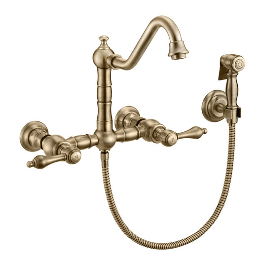 Whitehaus WHKWLV3-9402-NT-AB Vintage III Plus Wall Mount Faucet with a Long Traditional Swivel Spout, Lever Handles and Solid Brass Side Spray