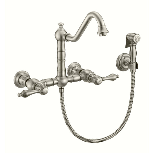 Whitehaus WHKWLV3-9402-NT-BN Vintage III Plus Wall Mount Faucet with a Long Traditional Swivel Spout, Lever Handles and Solid Brass Side Spray