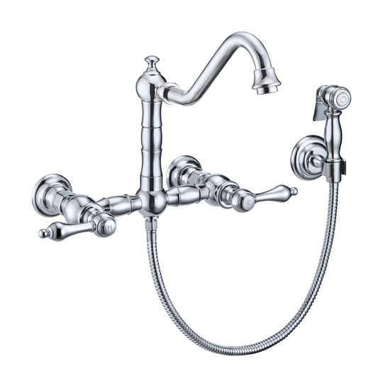 Whitehaus WHKWLV3-9402-NT-C Vintage III Plus Wall Mount Faucet with a Long Traditional Swivel Spout, Lever Handles and Solid Brass Side Spray