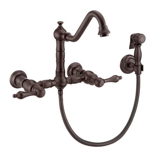 Whitehaus WHKWLV3-9402-NT-ORB Vintage III Plus Wall Mount Faucet with a Long Traditional Swivel Spout, Lever Handles and Solid Brass Side Spray