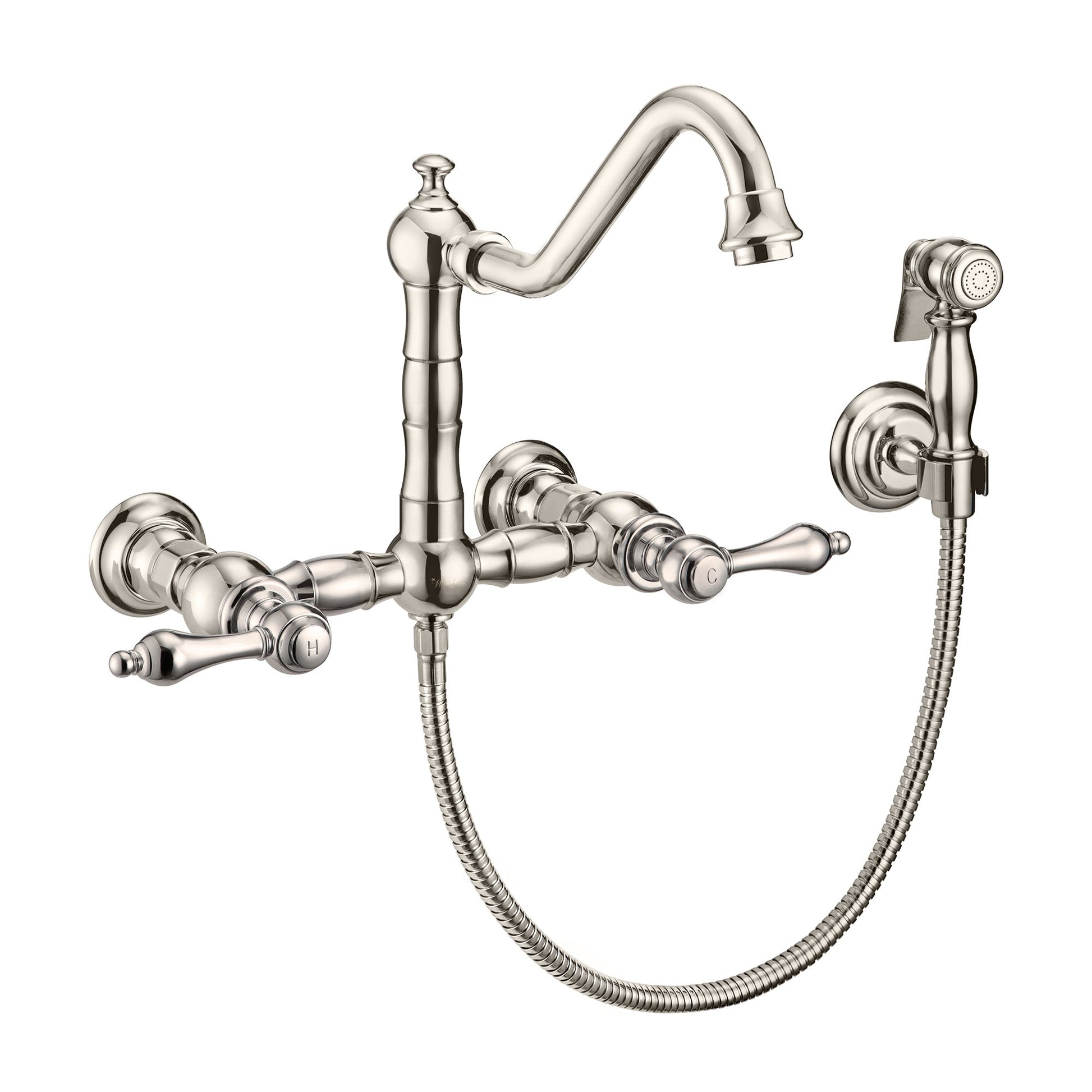 Whitehaus WHKWLV3-9402-NT-PN Vintage III Plus Wall Mount Faucet with a Long Traditional Swivel Spout, Lever Handles and Solid Brass Side Spray