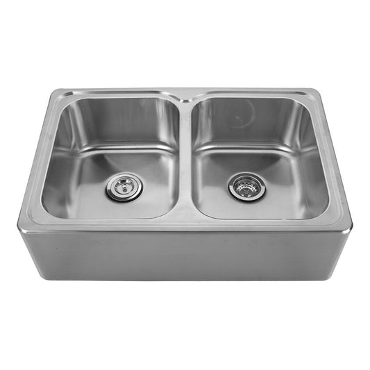 Whitehaus WHNAPEQ3322 Noah'S Collection Brushed Stainless Steel Double Bowl Drop-in Sink with a Seamless Customized Front Apron