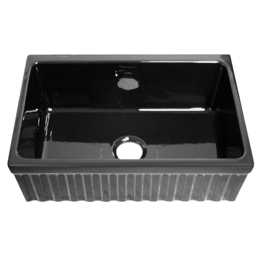 Whitehaus WHQ330-BLACKFarmhaus Fireclay Quatro Alcove Reversible Sink with a Fluted Front Apron