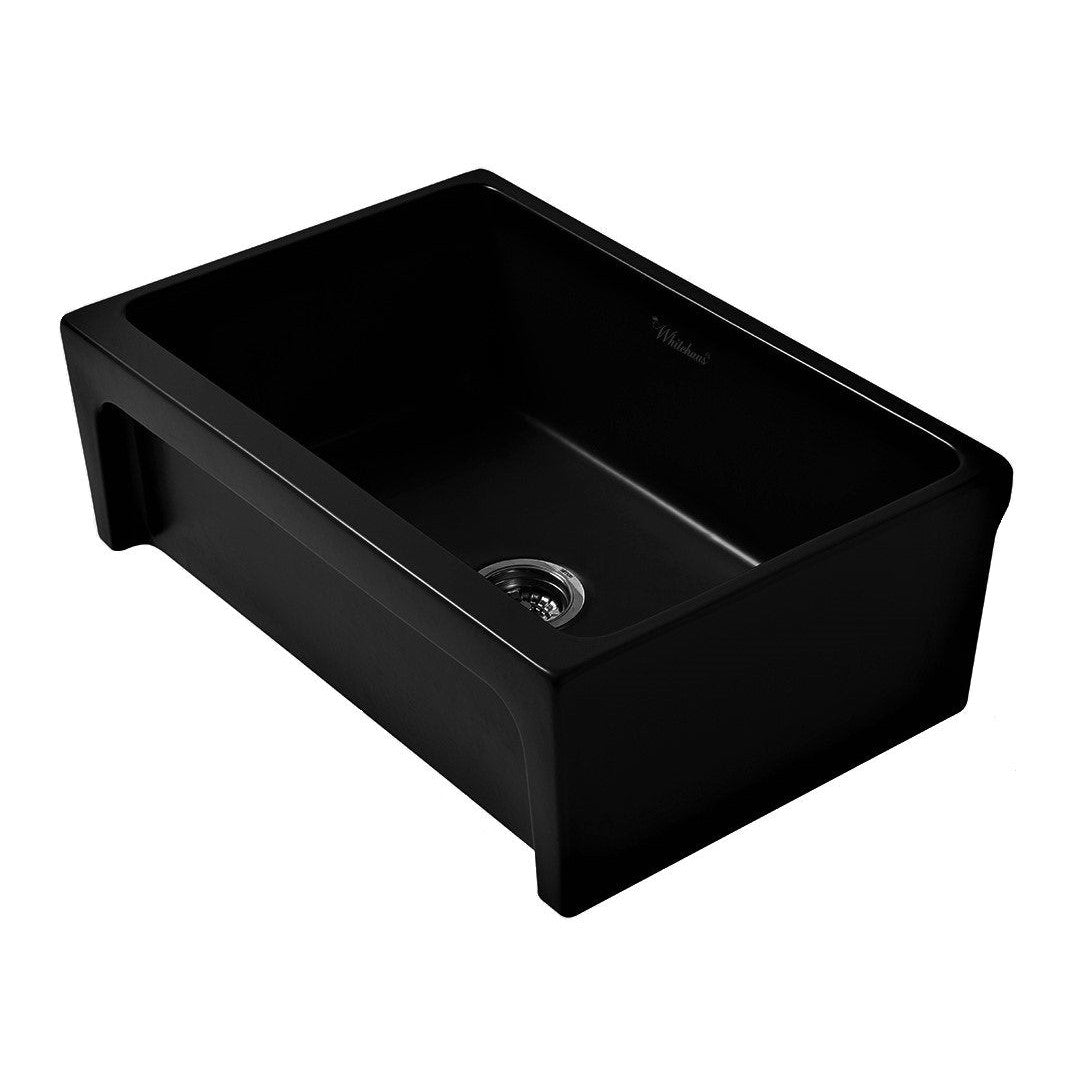 Whitehaus WHQ5530-BLACK Glencove Fireclay 30" Reversible Sink with Elegant Beveled Front Apron on one side Decorative 2" Lip Plain on Opposite Side