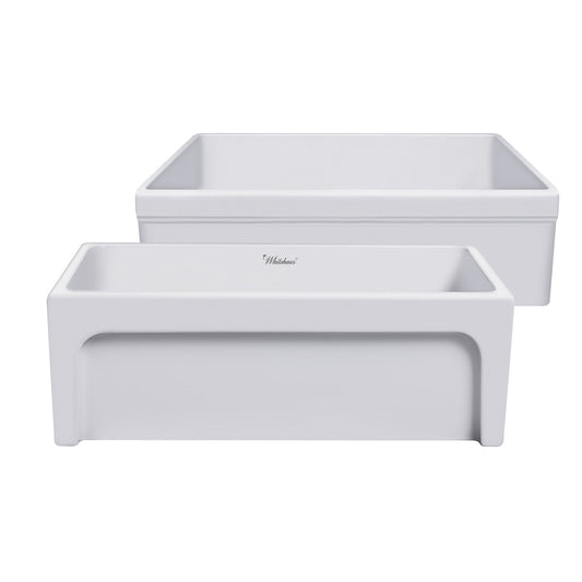 Whitehaus WHQ5530-WHITE Glencove Fireclay 30" Reversible Sink with Elegant Beveled Front Apron on one side Decorative 2" Lip Plain on Opposite Side