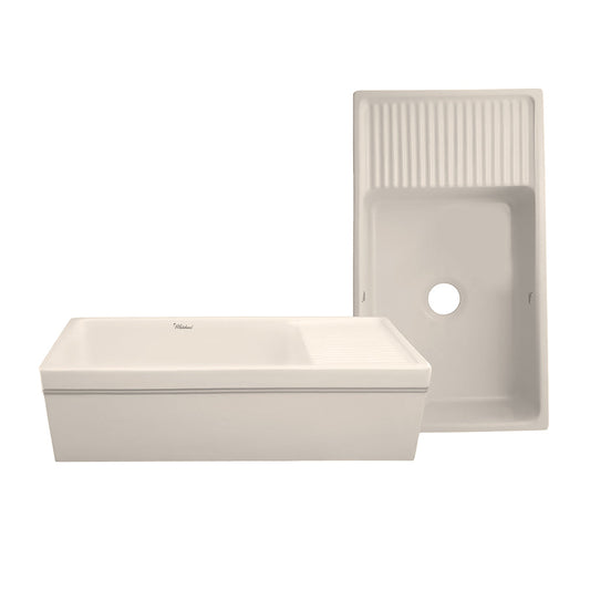 Whitehaus WHQD540-BISCUIT Farmhaus Fireclay Quatro Alcove Large Reversible Sink with Integral Drainboard