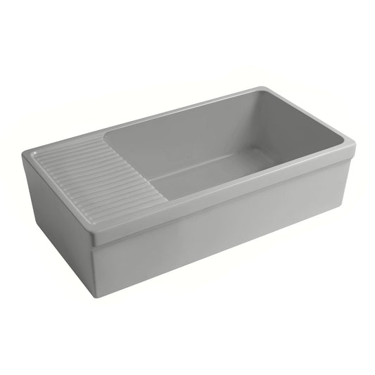 Whitehaus WHQD540-M-LIGHTCEMENT Farmhaus Fireclay Quatro Alcove Large Reversible Sink with Integral Drainboard