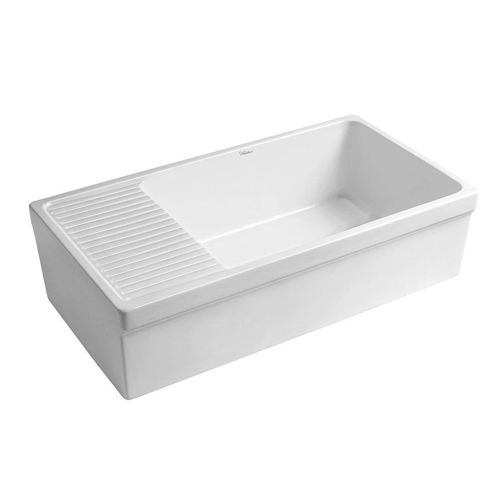 Whitehaus WHQD540-WHITE Farmhaus Fireclay Quatro Alcove Large Reversible Sink with Integral Drainboard