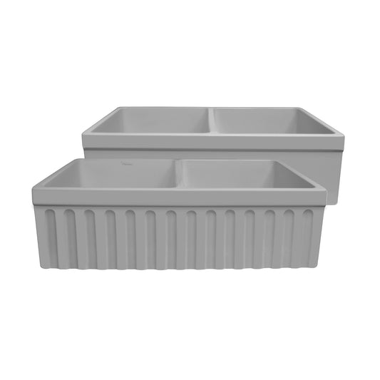 Whitehaus WHQDB332-M-LIGHTCEMENT Farmhaus Fireclay Quatro Alcove Reversible Double Bowl Sink