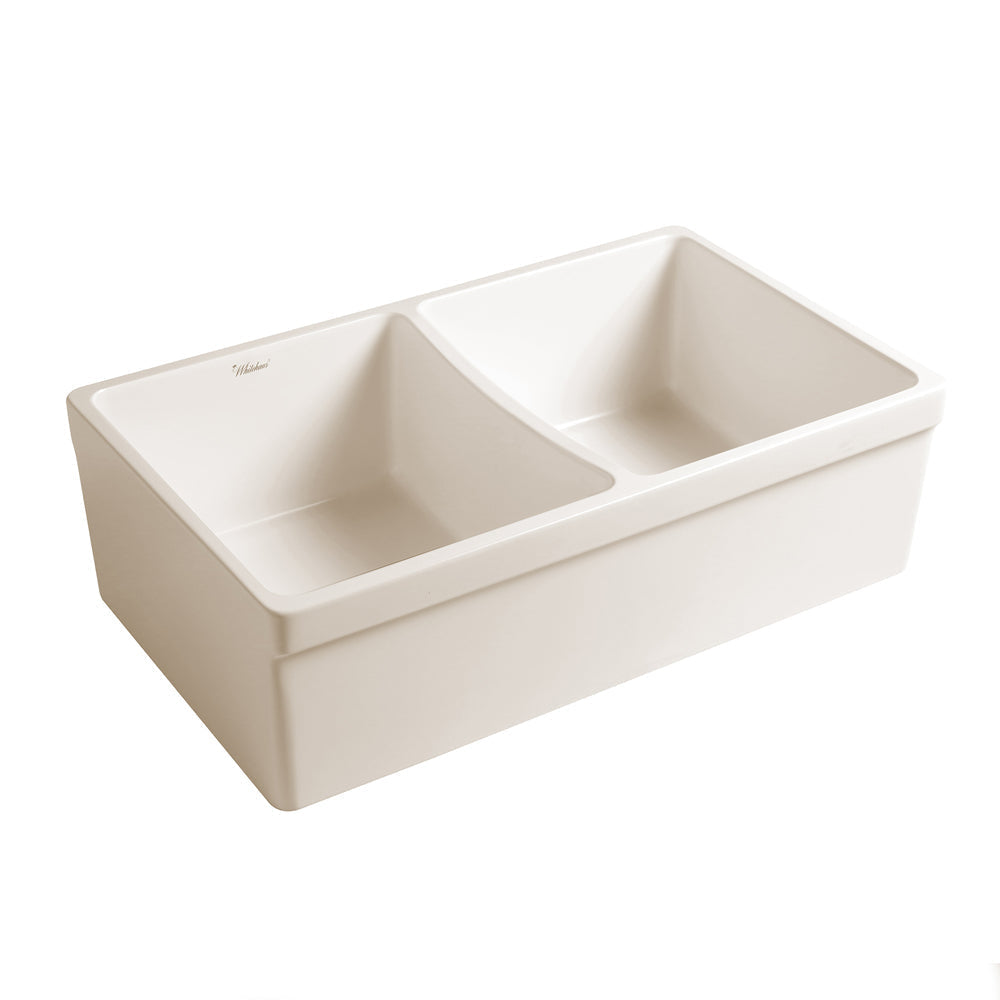 Whitehaus WHQDB532-BISCUIT Farmhaus Fireclay Quatro Alcove Reversible Double Bowl Sink with 2" Lip on One Side