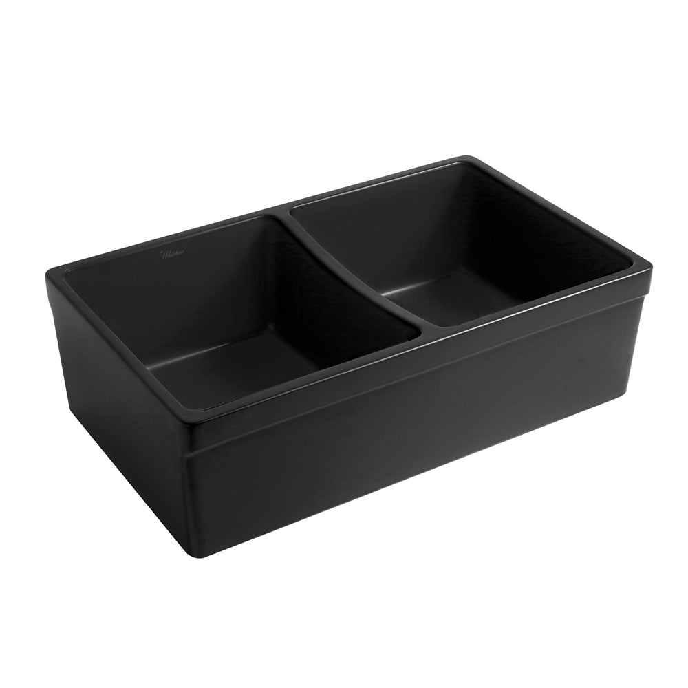 Whitehaus WHQDB532-BLACK Farmhaus Fireclay Quatro Alcove Reversible Double Bowl Sink with 2" Lip on One Side