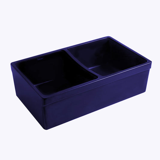 Whitehaus WHQDB532-BLUE Farmhaus Fireclay Quatro Alcove Reversible Double Bowl Sink with 2" Lip on One Side