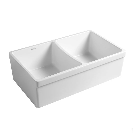 Whitehaus WHQDB532-WHITE Farmhaus Fireclay Quatro Alcove Reversible Double Bowl Sink with 2" Lip on One Side