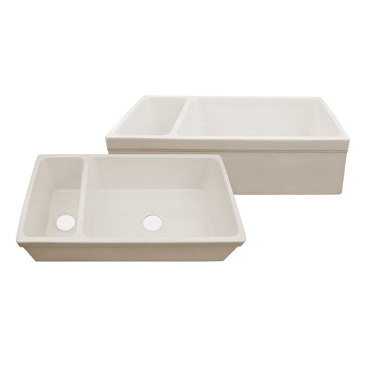 Whitehaus WHQDB542-BISCUIT Farmhaus Fireclay Quatro Alcove Large Reversible Sink and Small Bowl