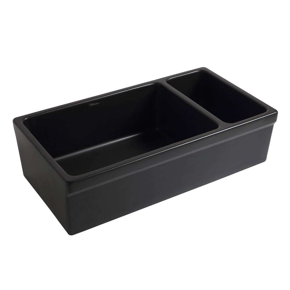 Whitehaus WHQDB542-BLACK Farmhaus Fireclay Quatro Alcove Large Reversible Sink and Small Bowl