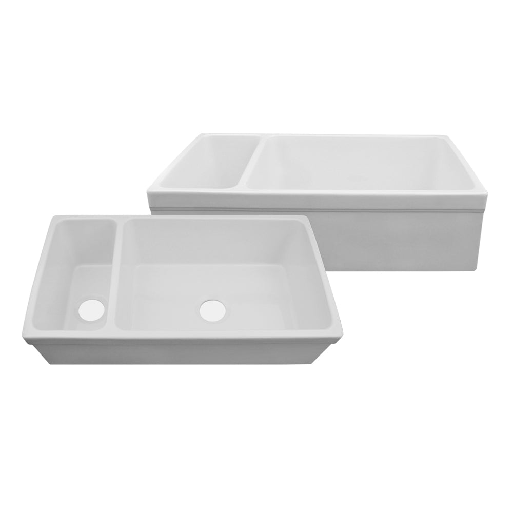 Whitehaus WHQDB542-WHITE Farmhaus Fireclay Quatro Alcove Large Reversible Sink and Small Bowl